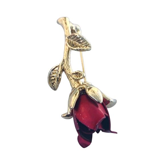Vintage Gold Tone Red Rose Brooch Pin 2" Excellent Cottagecore - Picture 7 of 8